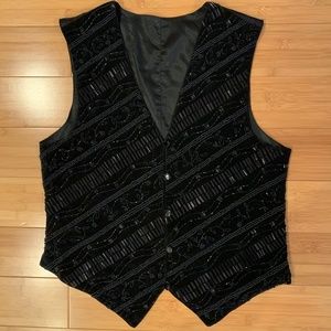 Vintage CACHE Black Beaded Evening Tuxedo Vest Women's Sleeveless sz L 80s Adjus